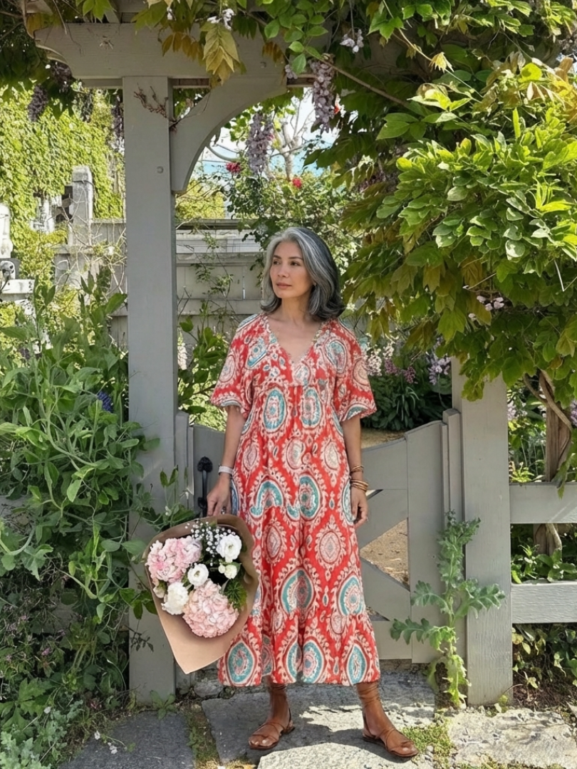 Zoe | Vestido midi de manga corta con cuello en V y estampado Paisley