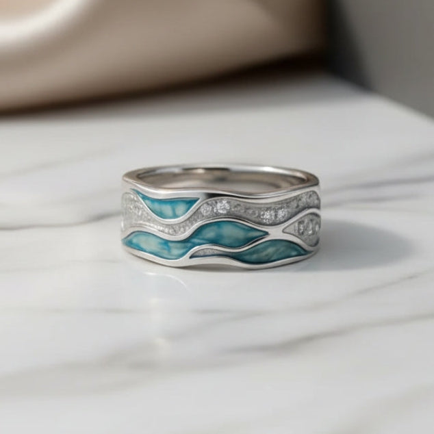 Regina | Anillo Plateado de Olas Turquesa