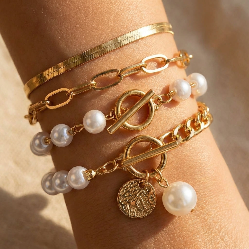Conjunto de Pulseras de Perlas Superpuestas