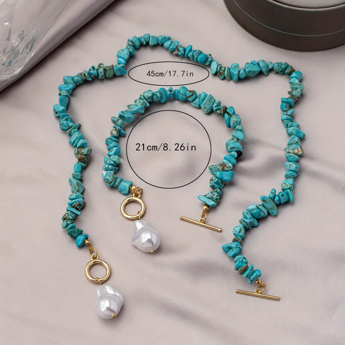 Conjunto de Collar y Pulsera de Perlas y Turquesa