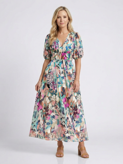 Eulalia | Vestido midi de manga corta con cuello en V y fruncido en la cintura