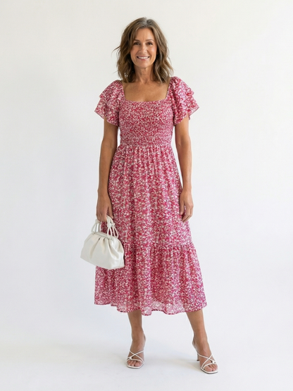 Ainhoa | Vestido midi con hombros al aire, estampado floral y fruncido