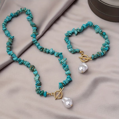 Conjunto de Collar y Pulsera de Perlas y Turquesa