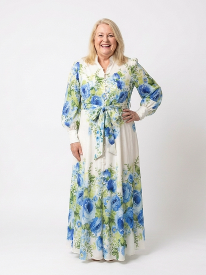 Leila | Vestido largo de manga larga con estampado floral y botones en la parte delantera