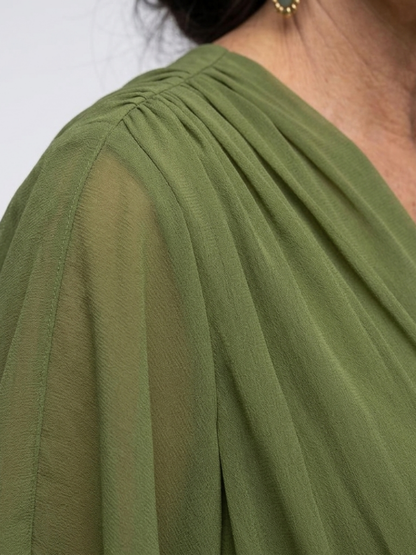 Jade | Vestido midi con cuello en V, cintura drapeada y lazo