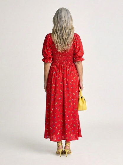Yasmin | Vestido midi con cuello cuadrado, estampado floral y mangas abullonadas