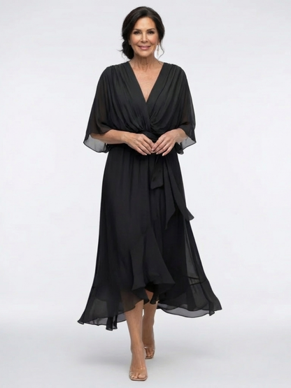 Jade | Vestido midi con cuello en V, cintura drapeada y lazo