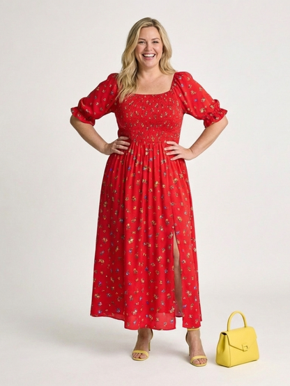Yasmin | Vestido midi con cuello cuadrado, estampado floral y mangas abullonadas