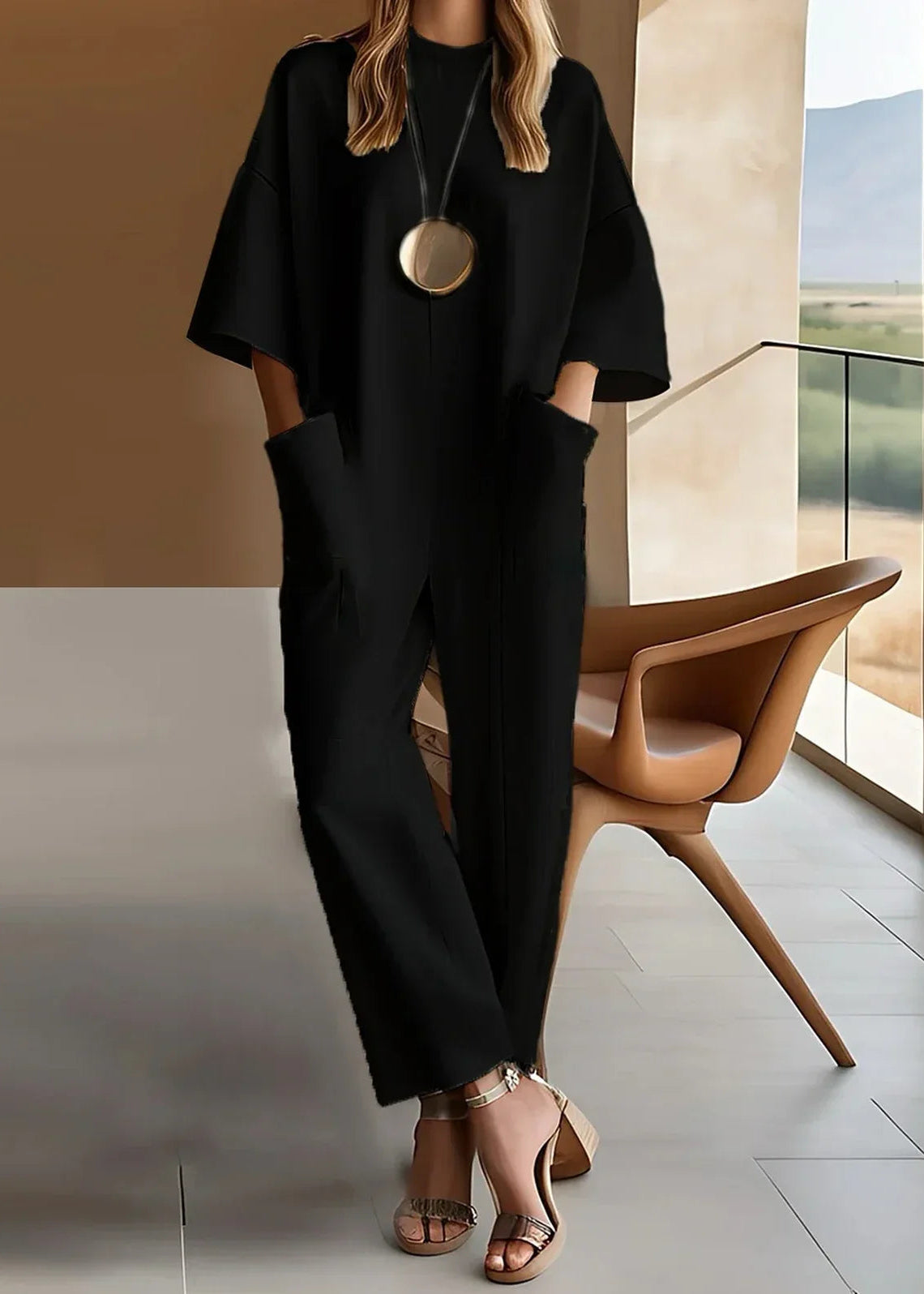 Aria | Women's Short Sleeve Wide Leg Jumpsuit Crew Neck