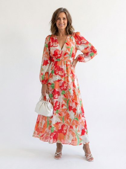 Olivia | Vestido largo de manga larga con estampado floral