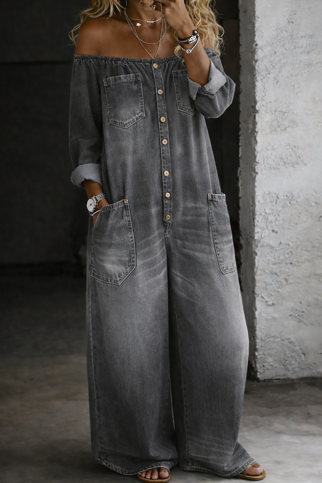 Elena | Jumpsuit Vaquero con Hombros Descubiertos