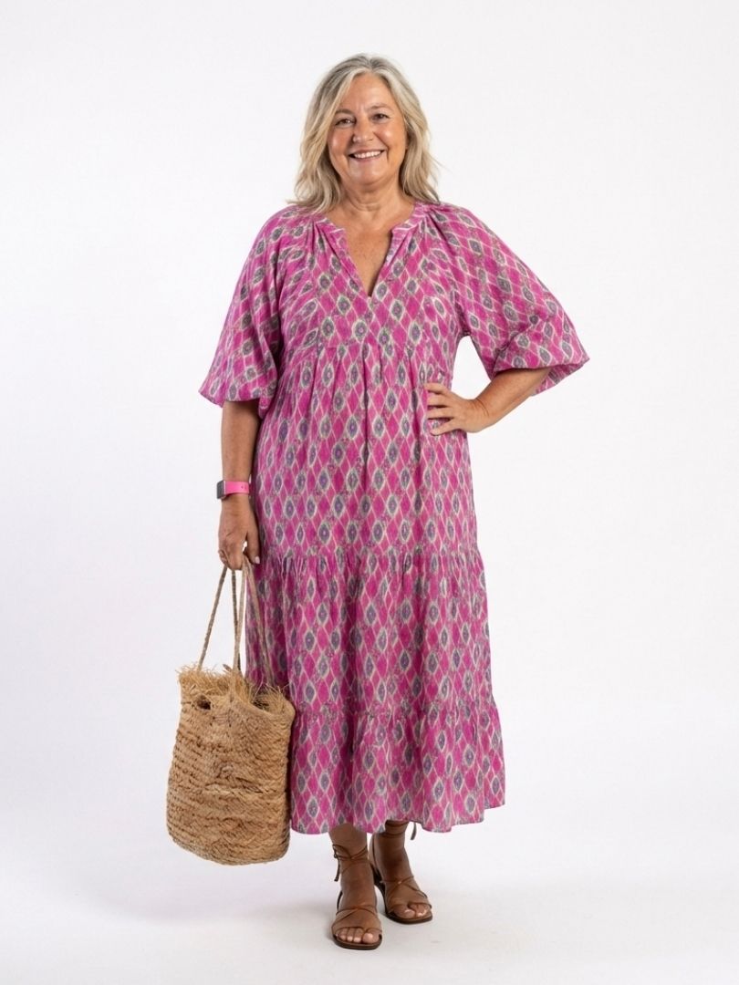 Gala | Vestido midi estampado con cuello en V y mangas tres cuartos