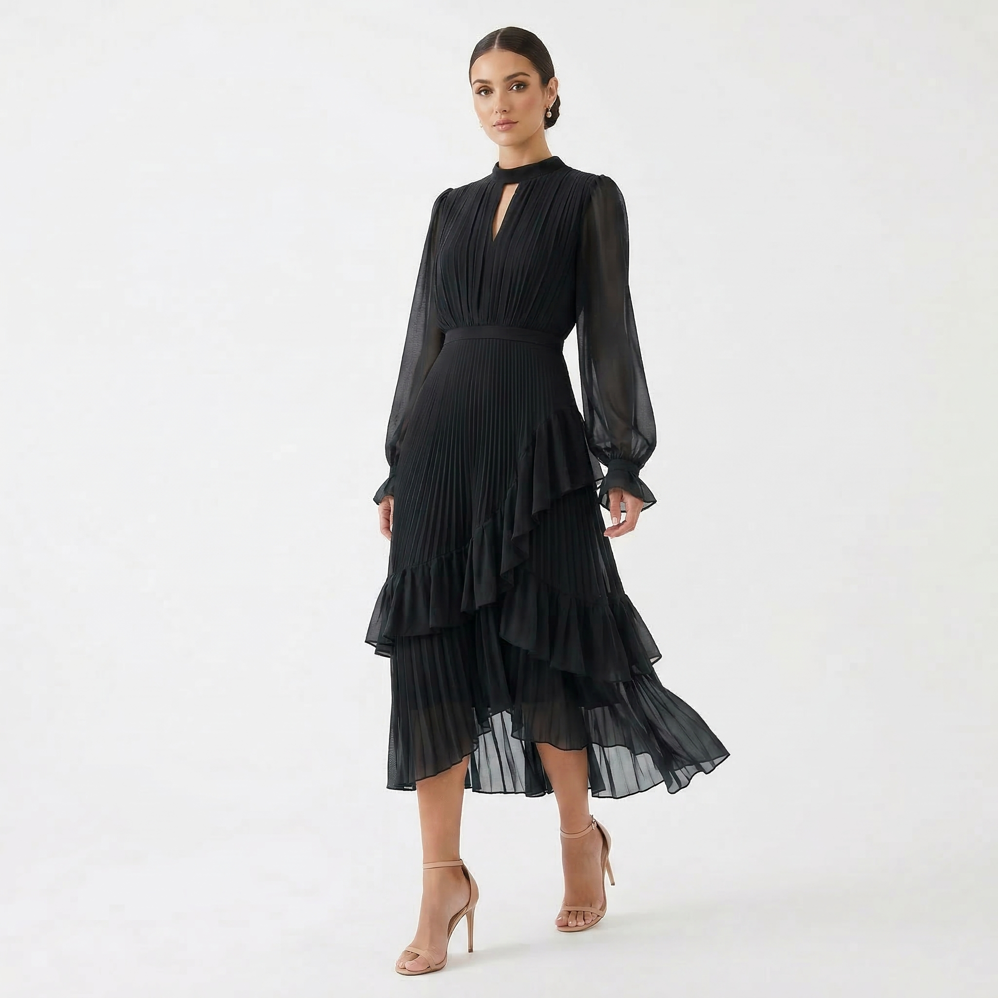 Mariana | Vestido Plisado con Mangas Fluidas y Volantes Asimétricos