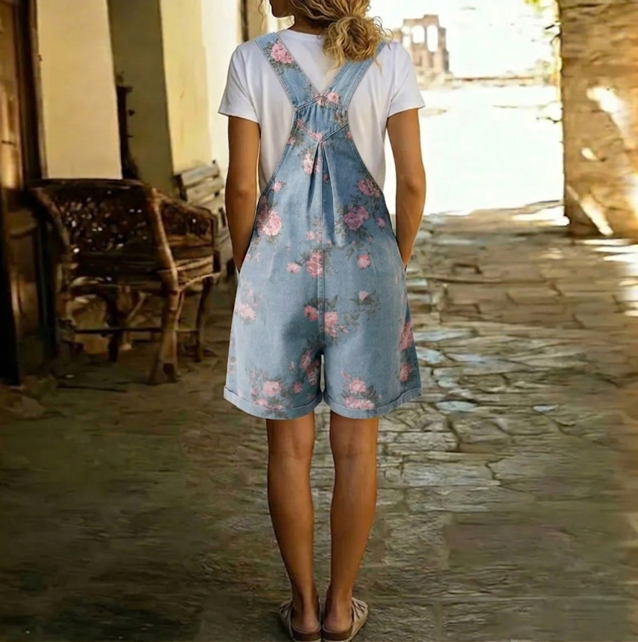 Adriana - Mono vaquero floral de algodón suave con lavado vintage