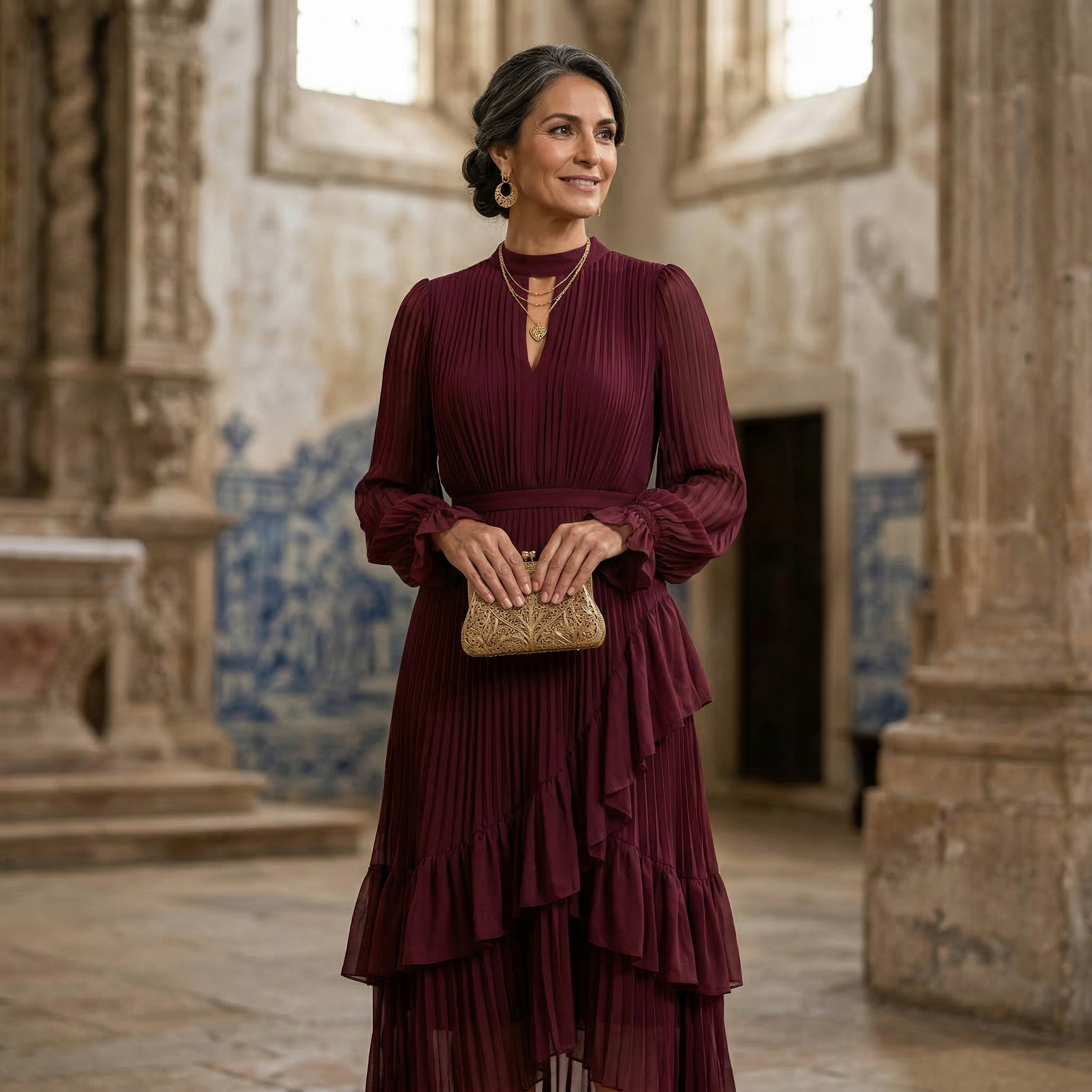 Mariana | Vestido Plisado con Mangas Fluidas y Volantes Asimétricos