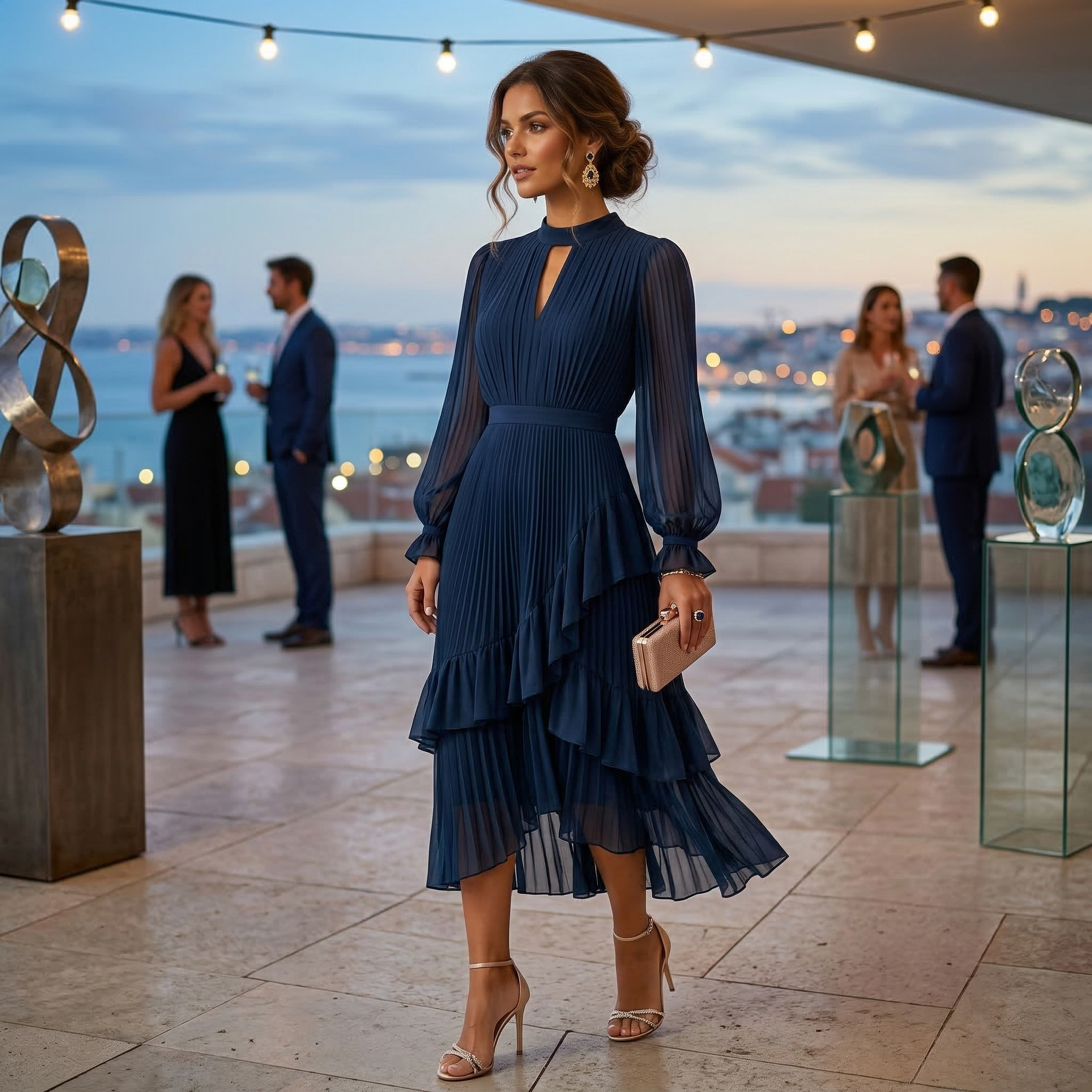Mariana | Vestido Plisado con Mangas Fluidas y Volantes Asimétricos
