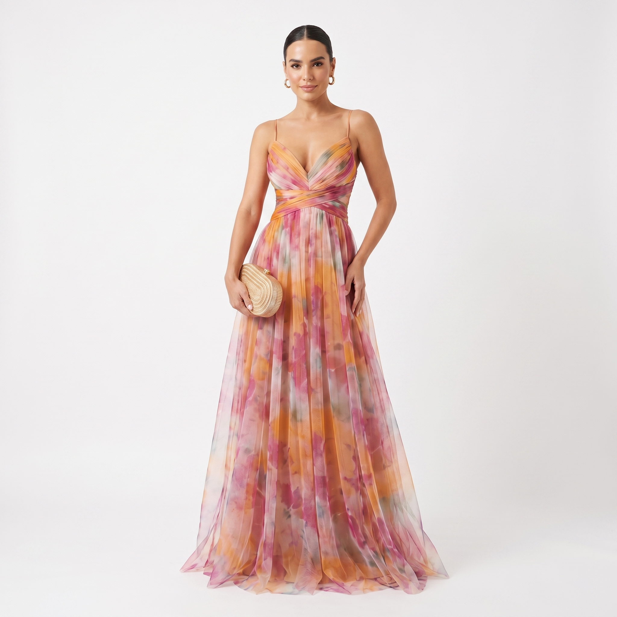 Helena | Vestido de Gala en Tul con Estampado Acuarelado