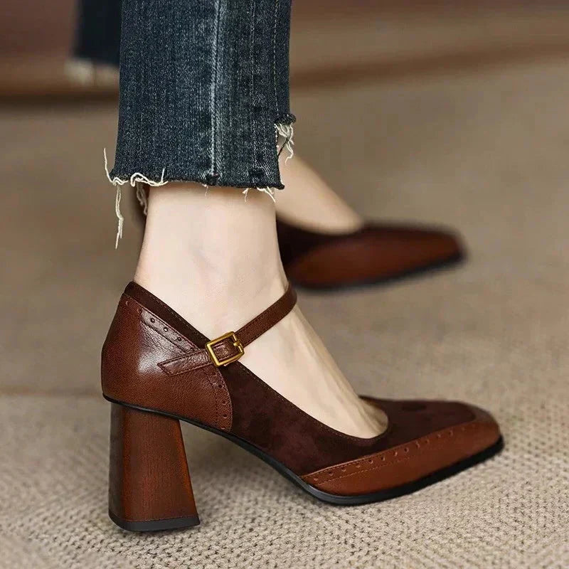 Constance | Women's Square Toe Block Heel Pumps Ankle Strap Brogue