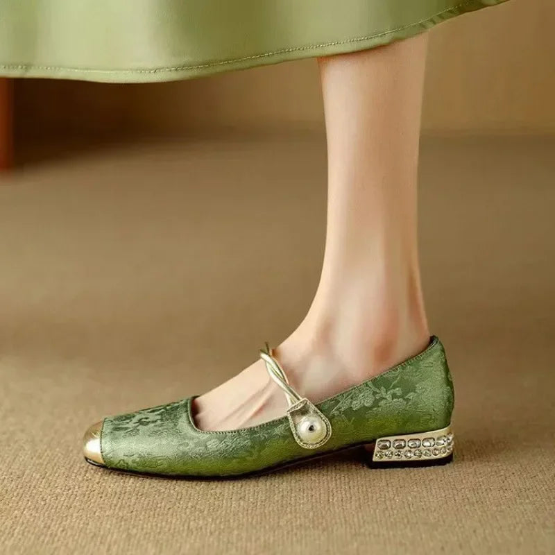 Celeste | Women's Pearl Strap Mary Jane Shoes Glitter Block Heel
