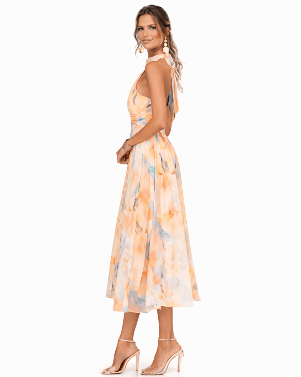 Aurora | Vestido con Cuello Halter y Estampado Acuarela - Elena Duval