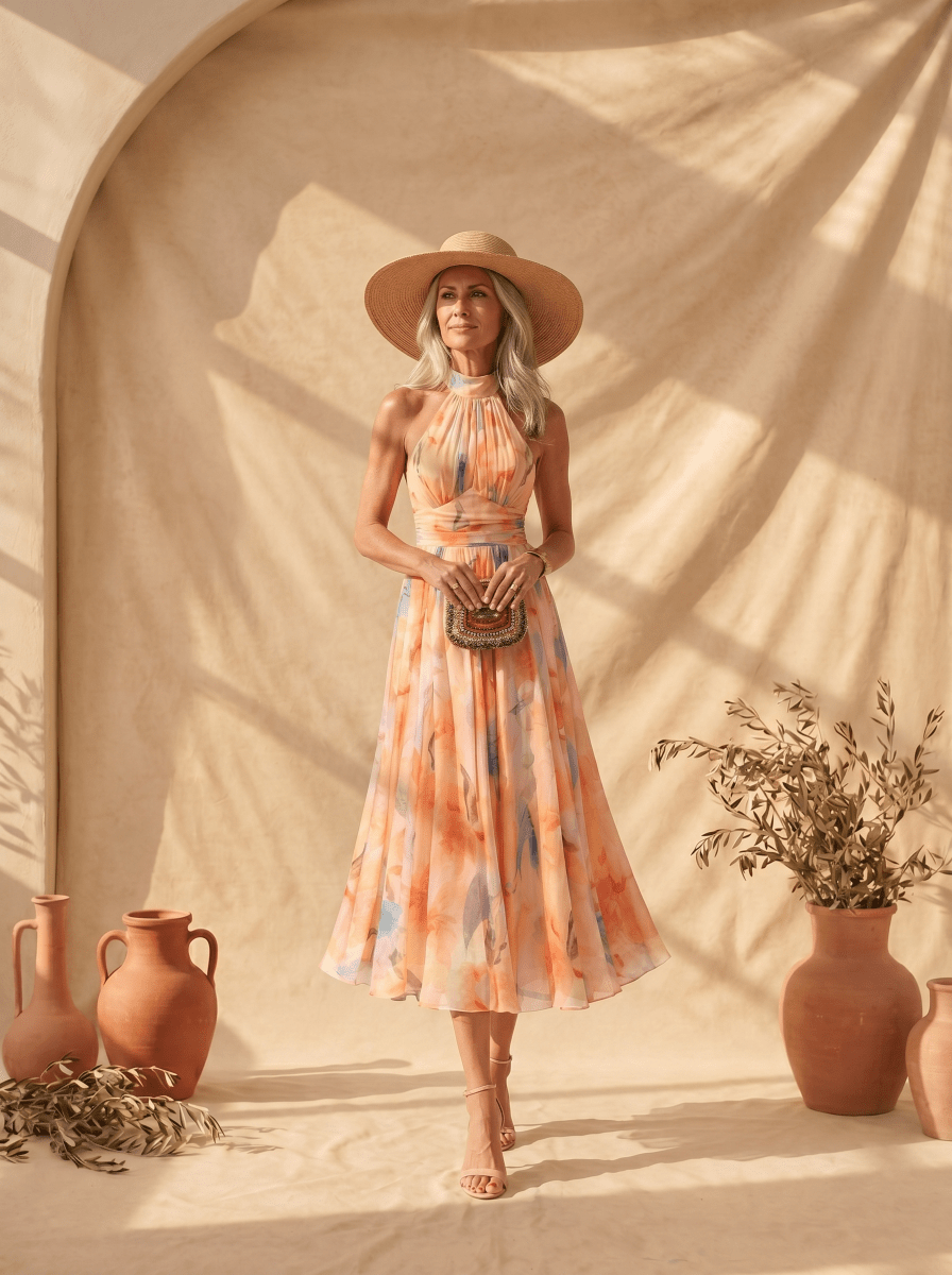 Aurora | Vestido con Cuello Halter y Estampado Acuarela - Elena Duval