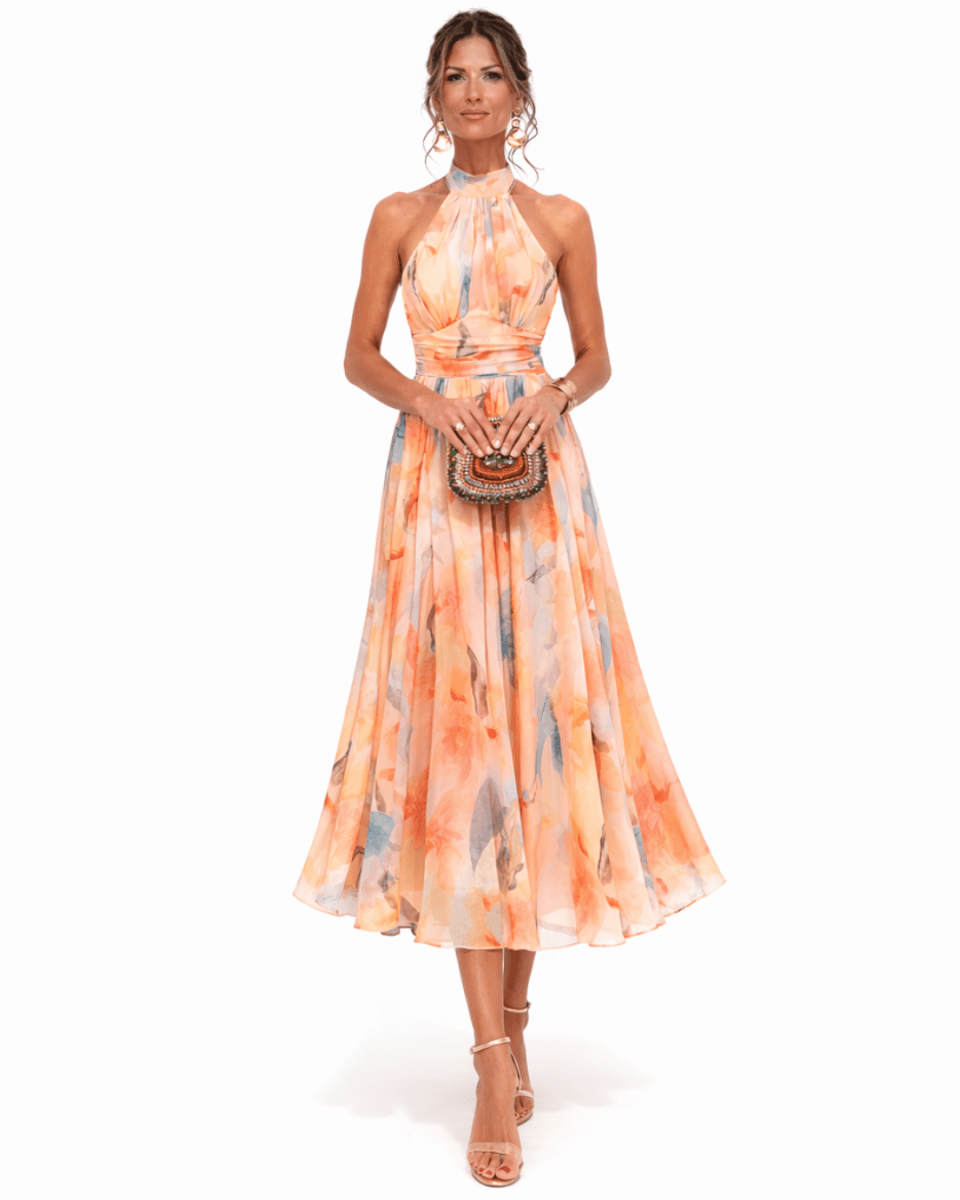 Aurora | Vestido con Cuello Halter y Estampado Acuarela - Elena Duval