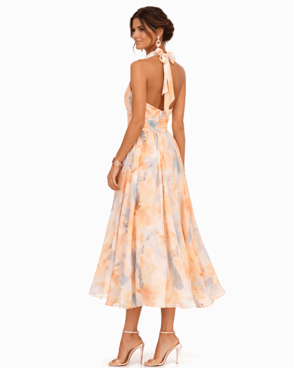 Aurora | Vestido con Cuello Halter y Estampado Acuarela - Elena Duval