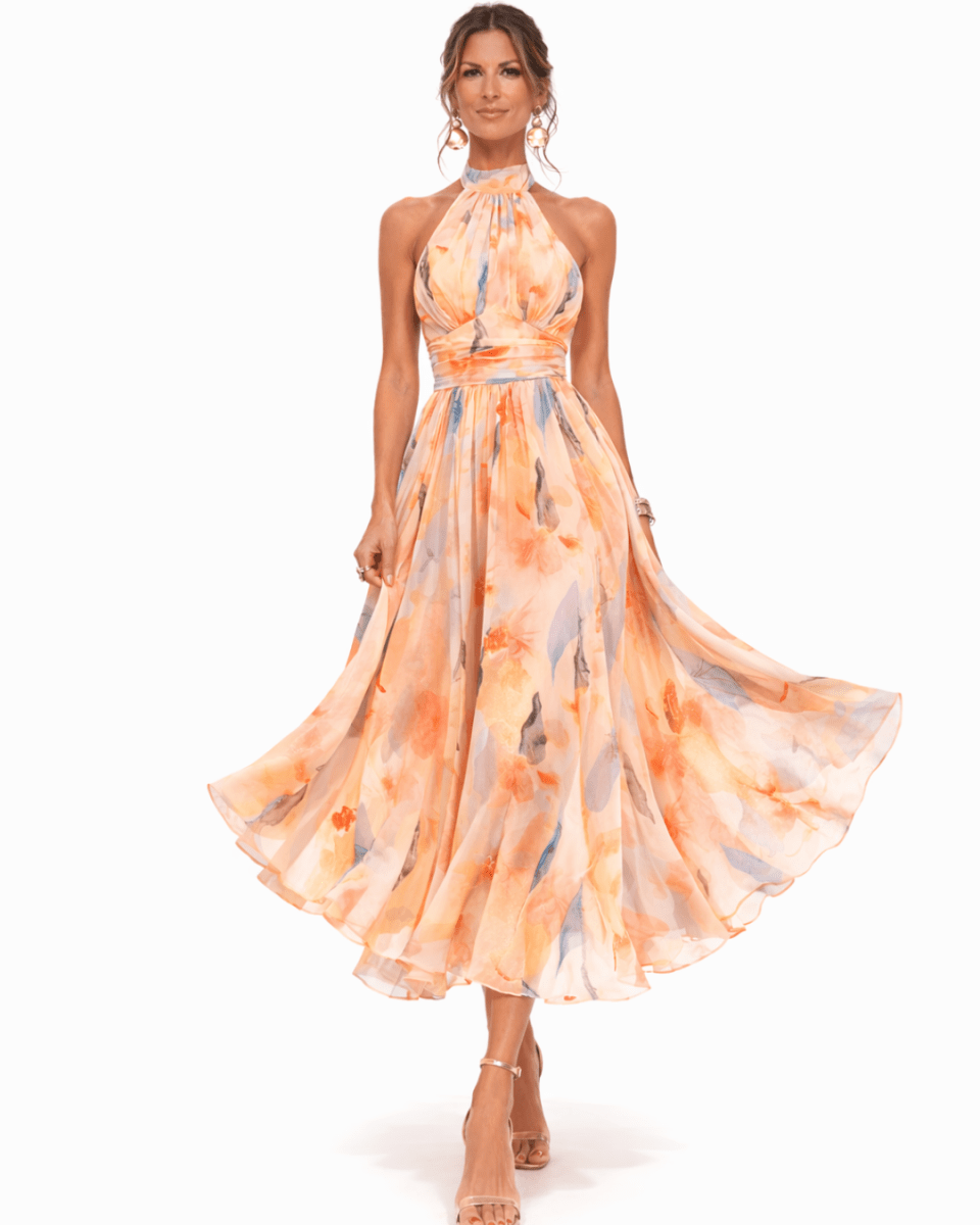Aurora | Vestido con Cuello Halter y Estampado Acuarela - Elena Duval