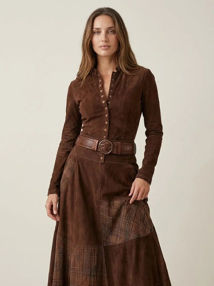 Azucena - Vestido Maxi de Ante con Cinturón - Elena Duval