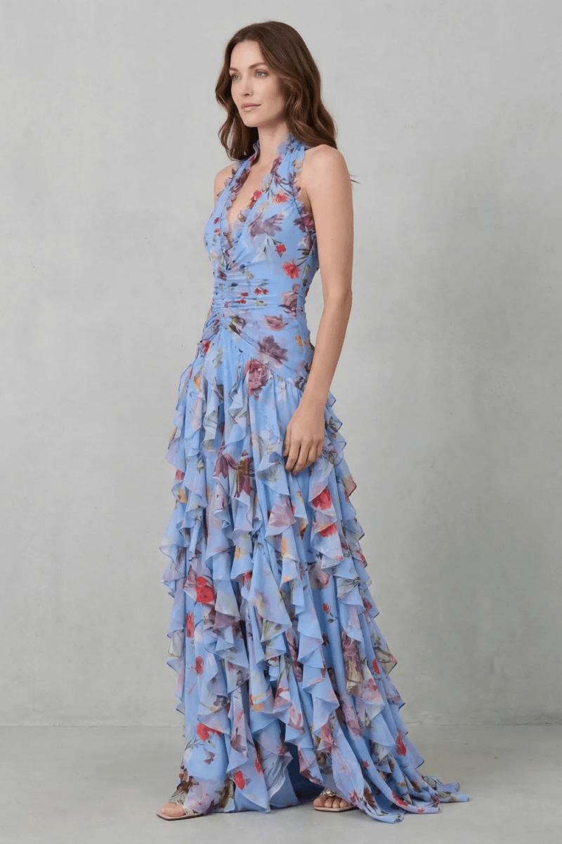 Belladina | Romántica Cascada de Rosas Vestido Largo con Escote Americano - Elena Duval