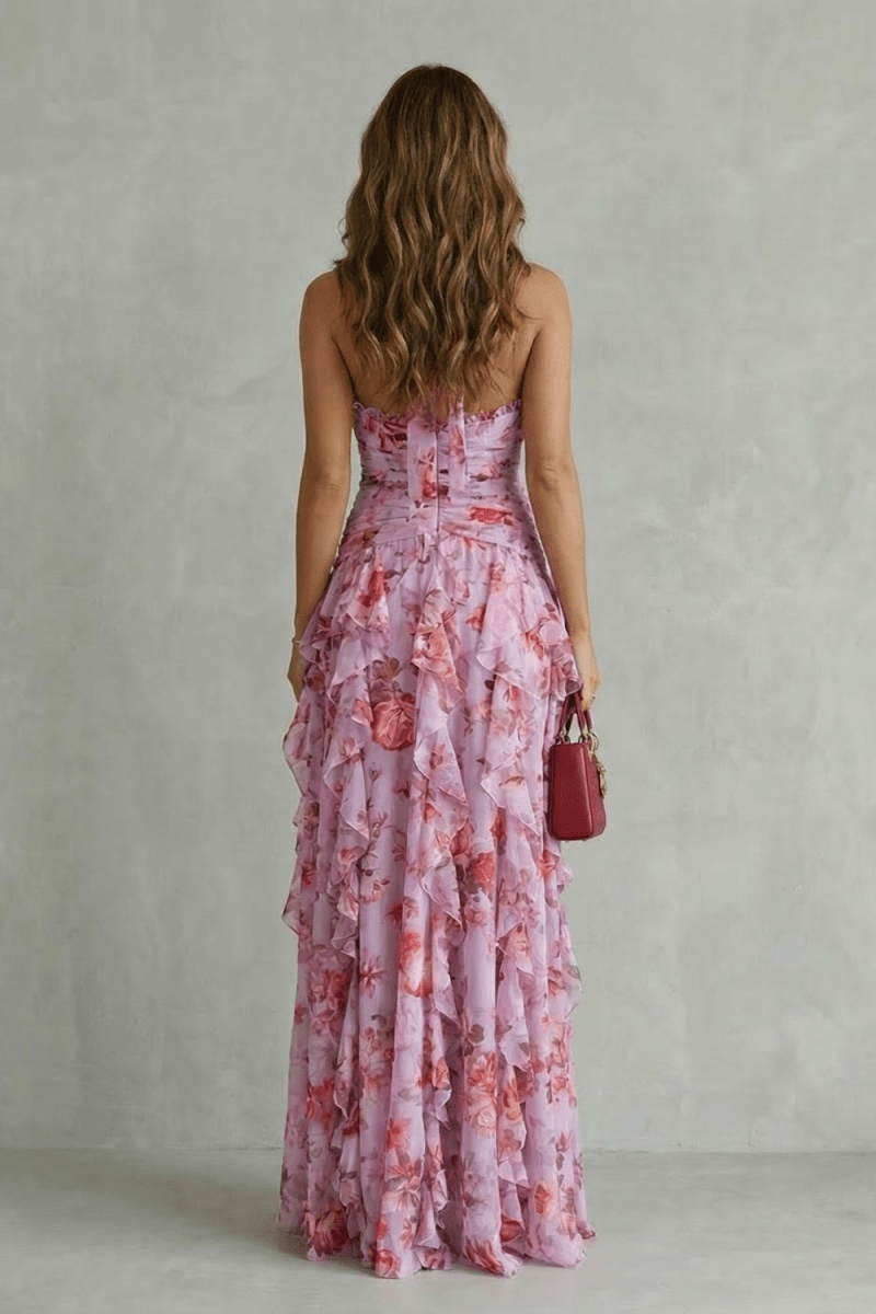 Belladina | Romántica Cascada de Rosas Vestido Largo con Escote Americano - Elena Duval