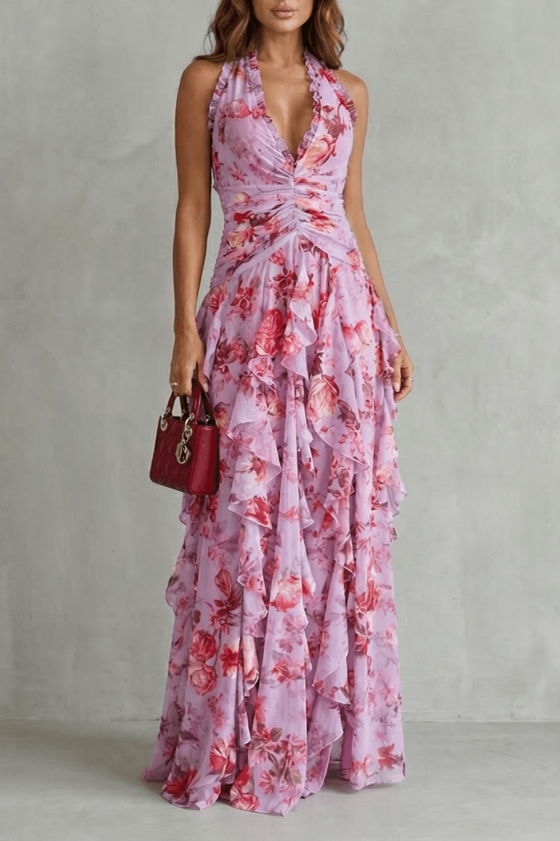 Belladina | Romántica Cascada de Rosas Vestido Largo con Escote Americano - Elena Duval