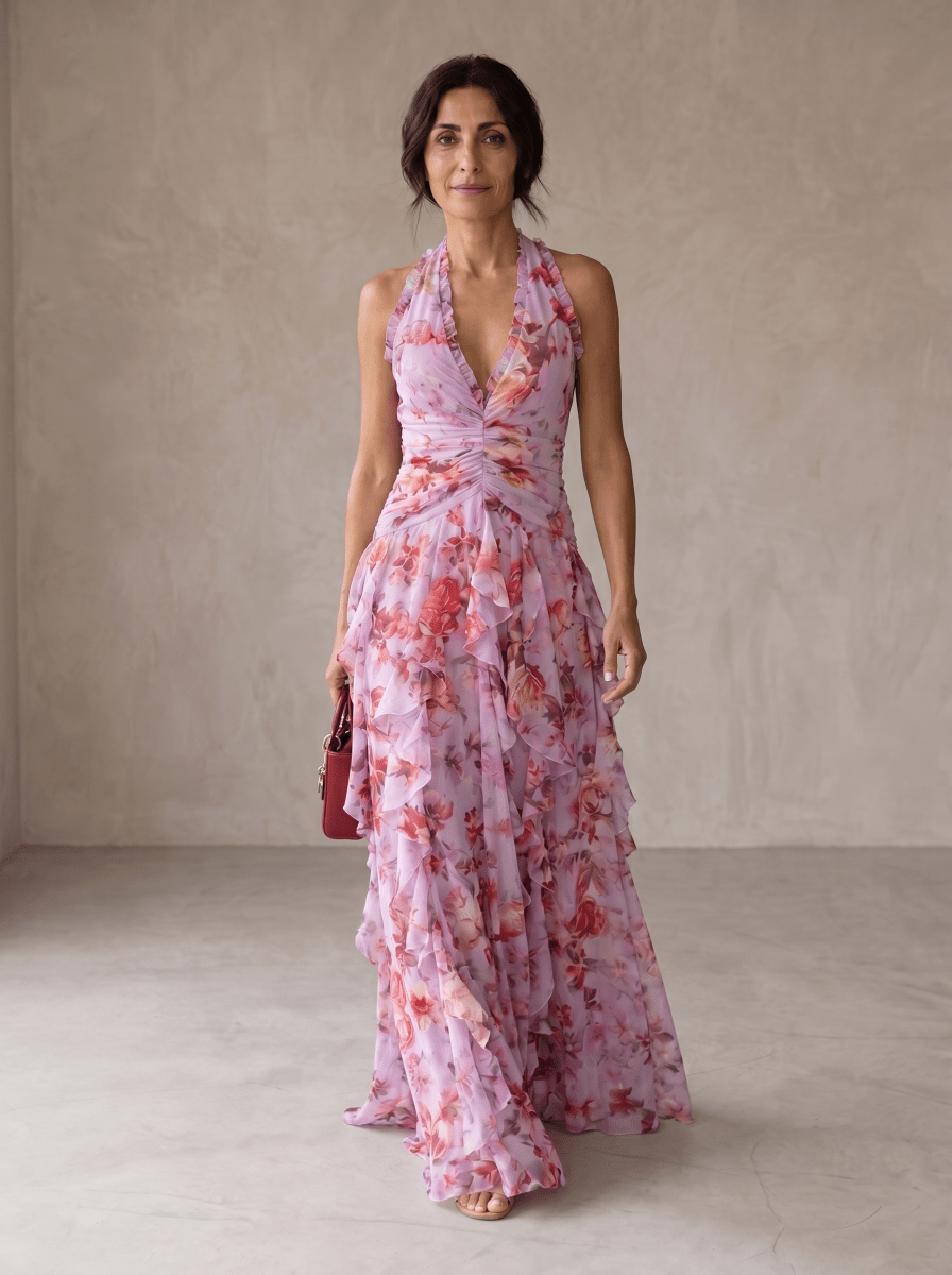 Belladina | Romántica Cascada de Rosas Vestido Largo con Escote Americano - Elena Duval