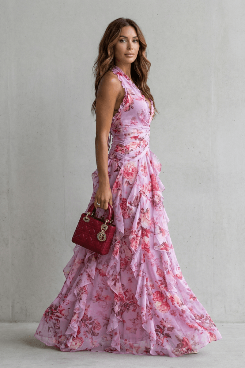 Belladina | Romántica Cascada de Rosas Vestido Largo con Escote Americano - Elena Duval