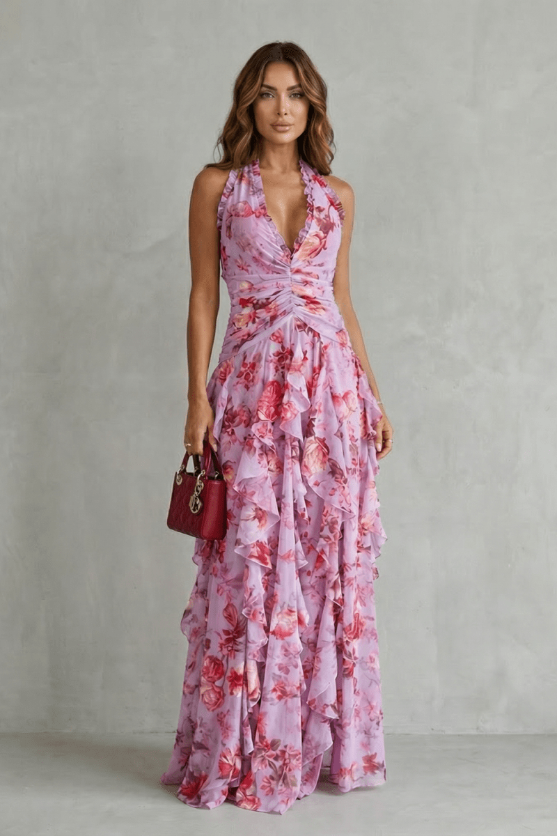 Belladina | Romántica Cascada de Rosas Vestido Largo con Escote Americano - Elena Duval