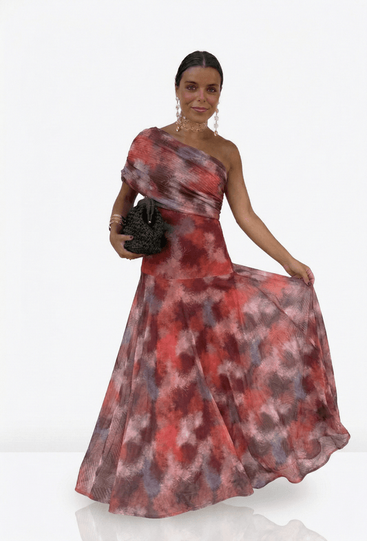 Catalina | Vestido Maxi Asimétrico con Estampado Abstracto - Elena Duval