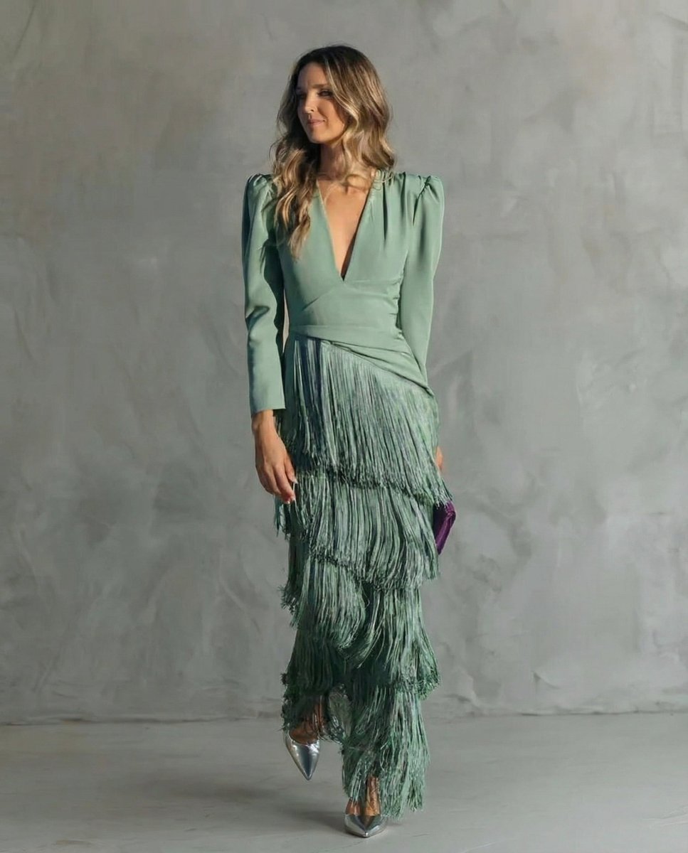Chiara | Vestido Elegante con Mangas de Flecos - Elena Duval