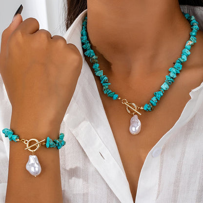 Conjunto de Collar y Pulsera de Perlas y Turquesa