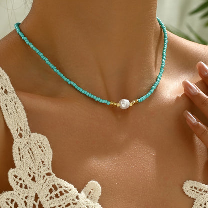 Collar Minimal de Perlas y Turquesa