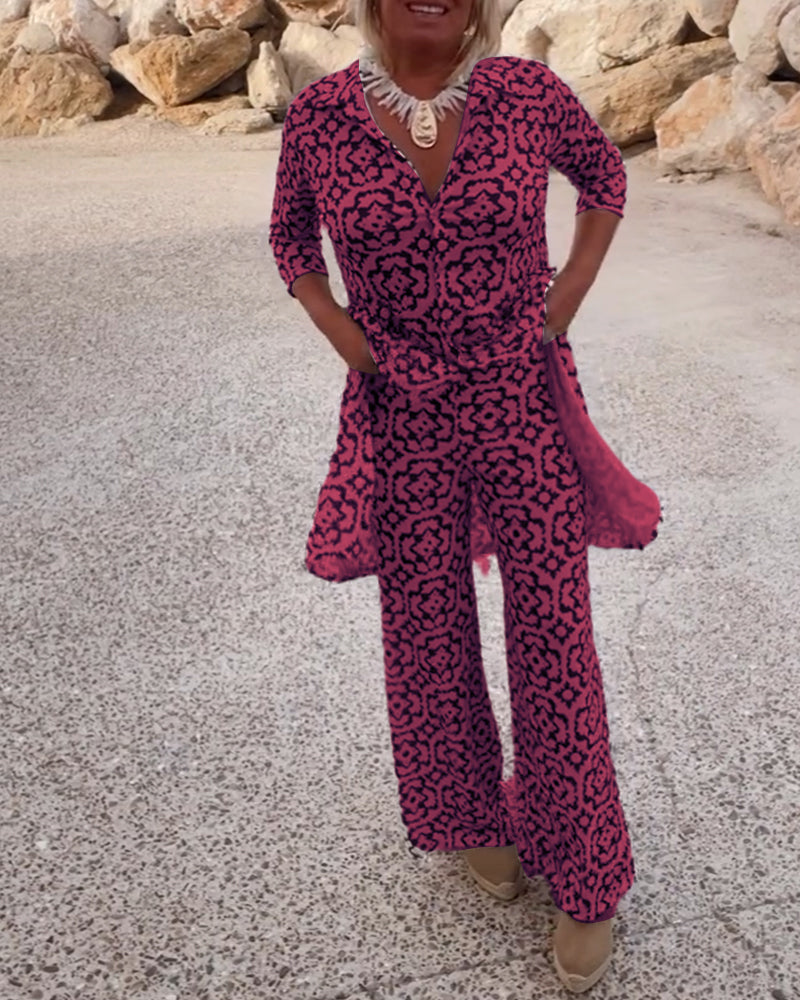 Delphine | Women's Printed V-Neck Tunic Wide Leg Pants Set