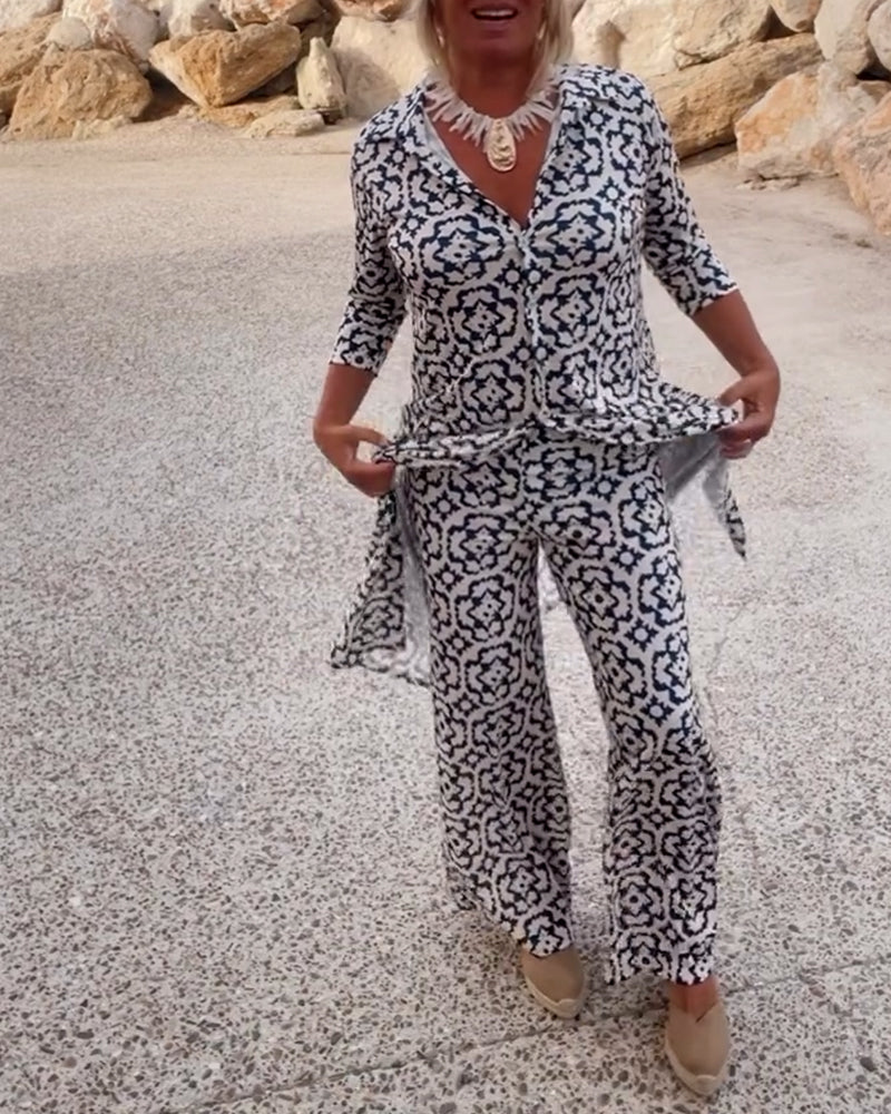Delphine | Women's Printed V-Neck Tunic Wide Leg Pants Set
