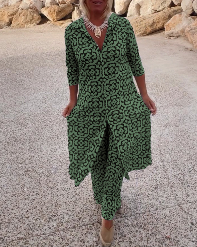 Delphine | Women's Printed V-Neck Tunic Wide Leg Pants Set