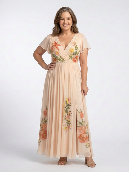 Vega | Vestido largo floral plisado de manga corta y cuello en V
