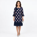Clara | Vestido Azul Marinho às Bolinhas com Detalhe de Folhos