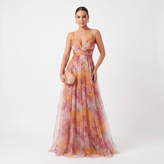 Helena | Vestido de Gala en Tul con Estampado Acuarelado - Elena Duval