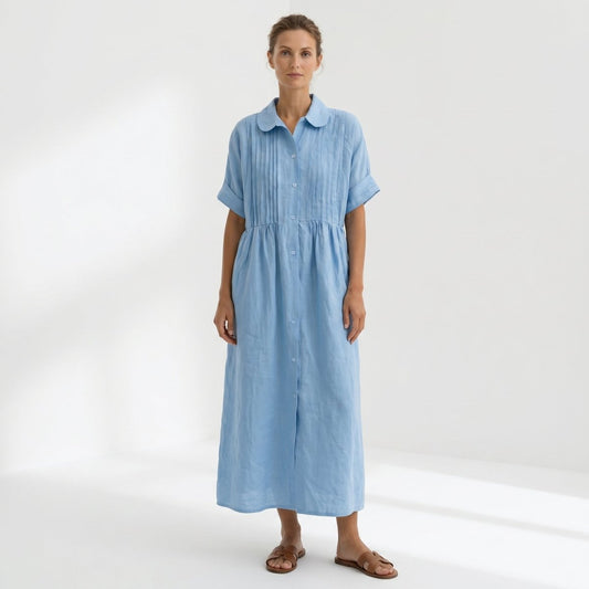 Helena - Vestido de Lino con Pliegues y Botones - Elena Duval