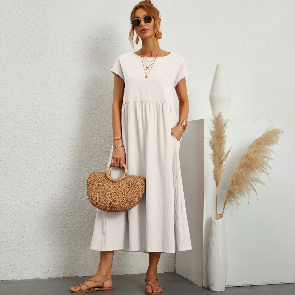 Inés | Vestido Midi de Algodón con Bolsillos - Elena Duval