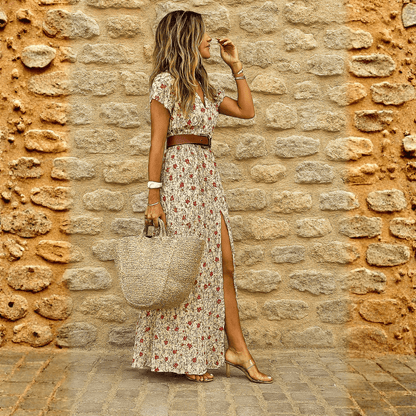 Joselin | Vestido largo bohemio y vaporoso con cinturón - Elena Duval