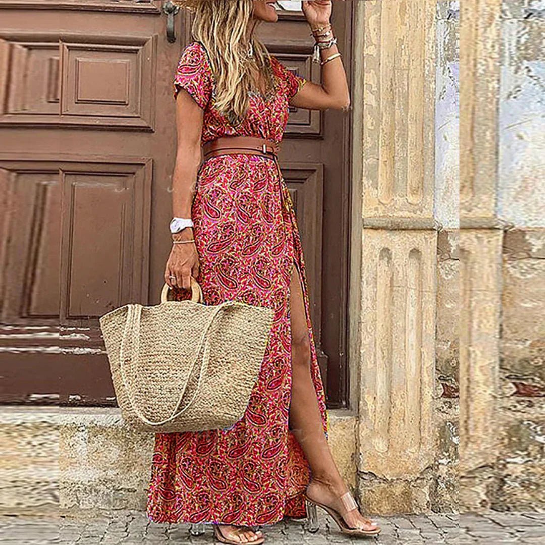 Joselin | Vestido largo bohemio y vaporoso con cinturón - Elena Duval