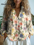 Women's Lovely Floral Art Print Casual Long Sleeve Comfortable Cotton Shirt